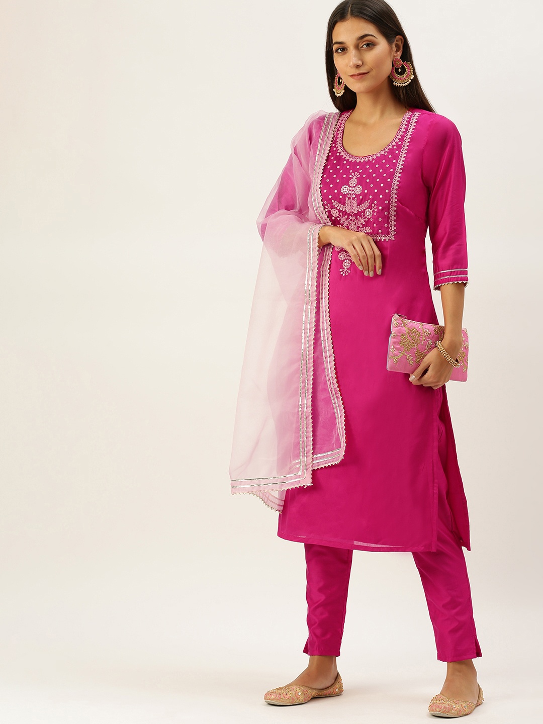 

Vedic Women Pink Ethnic Motifs Yoke Design Sequinned Chanderi Silk Kurta with Trousers & With Dupatta