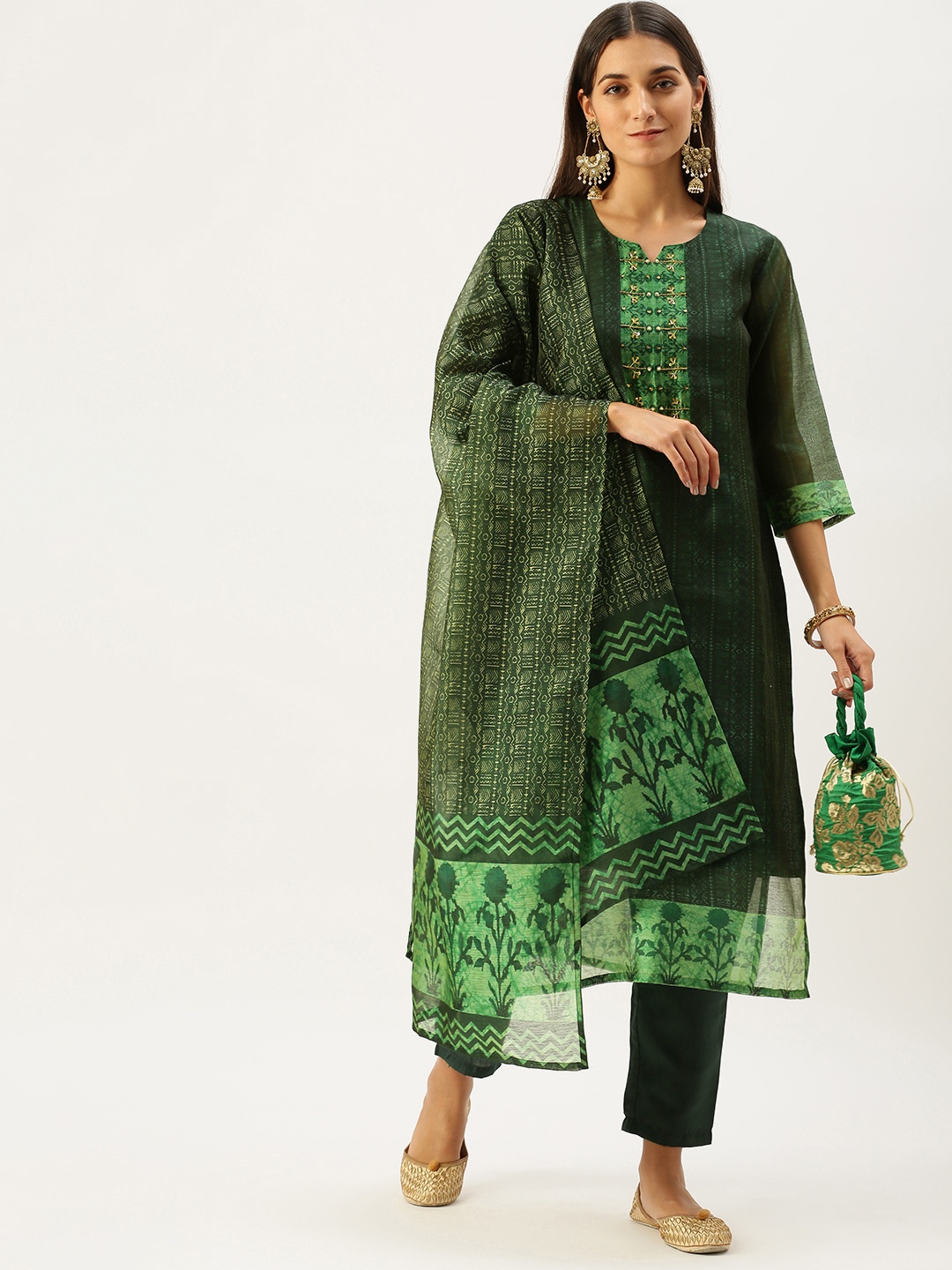 

Vedic Women Green Ethnic Motifs Printed Beads and Stones Pure Cotton Kurta with Trousers & With Dupatta