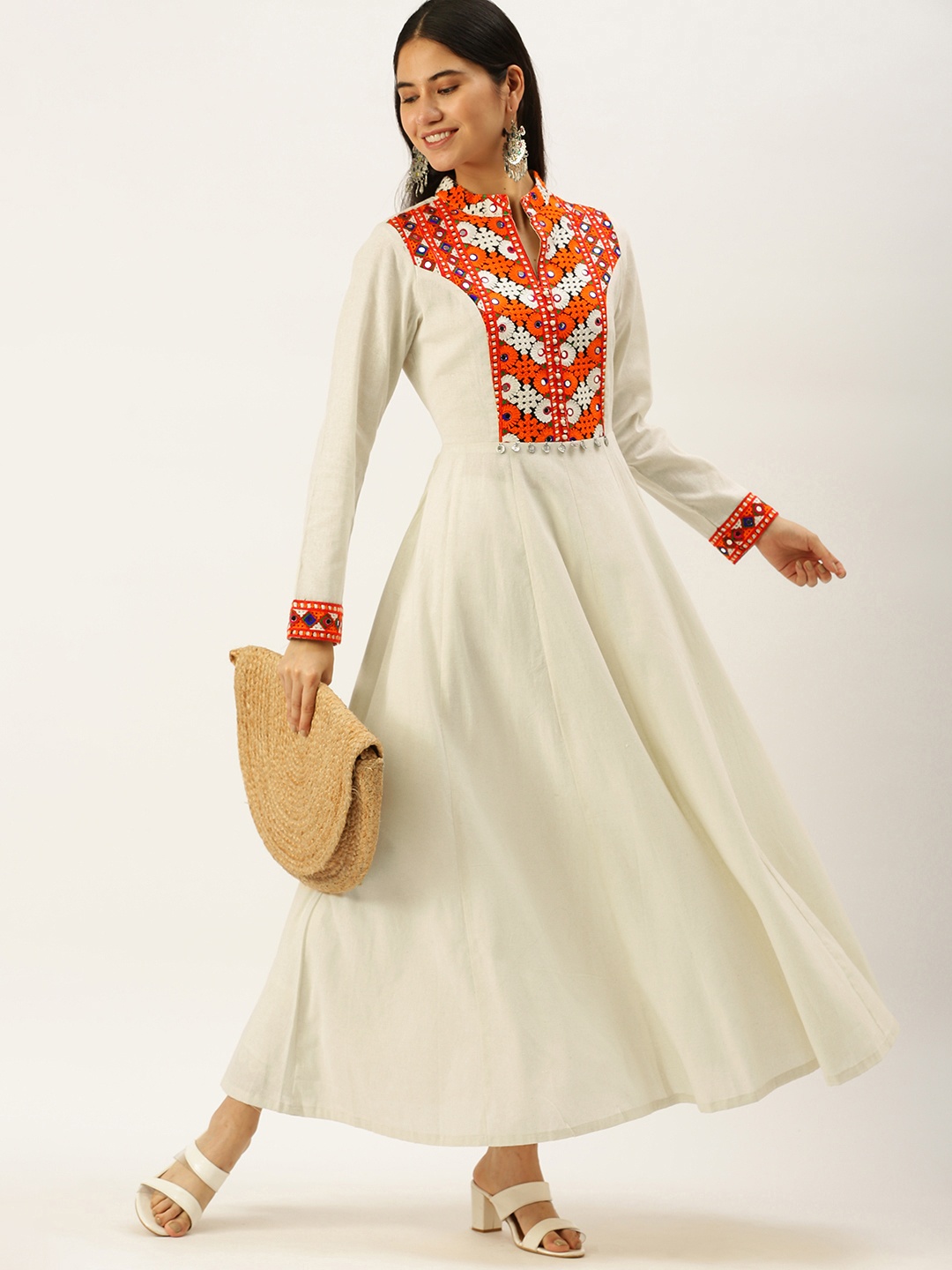 

Vedic Women Off White & Red Floral Yoke Design Mirror Work Anarkali Kurta