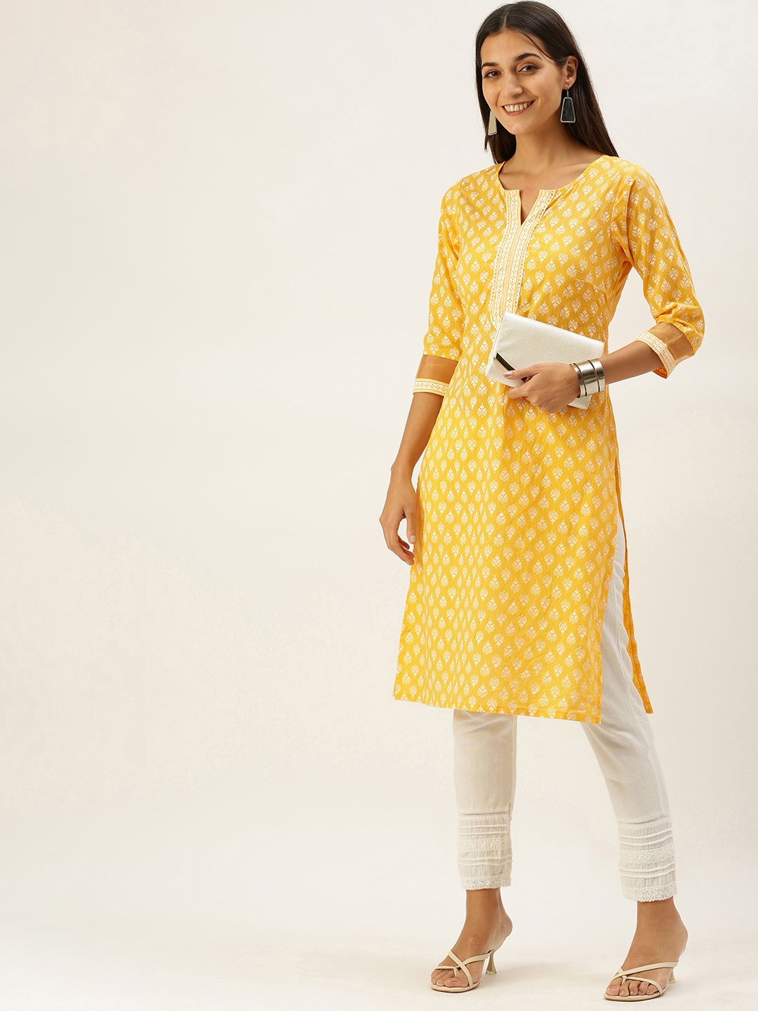 

Vedic Women Yellow & White Ethnic Motifs Printed Pure Cotton Kurta