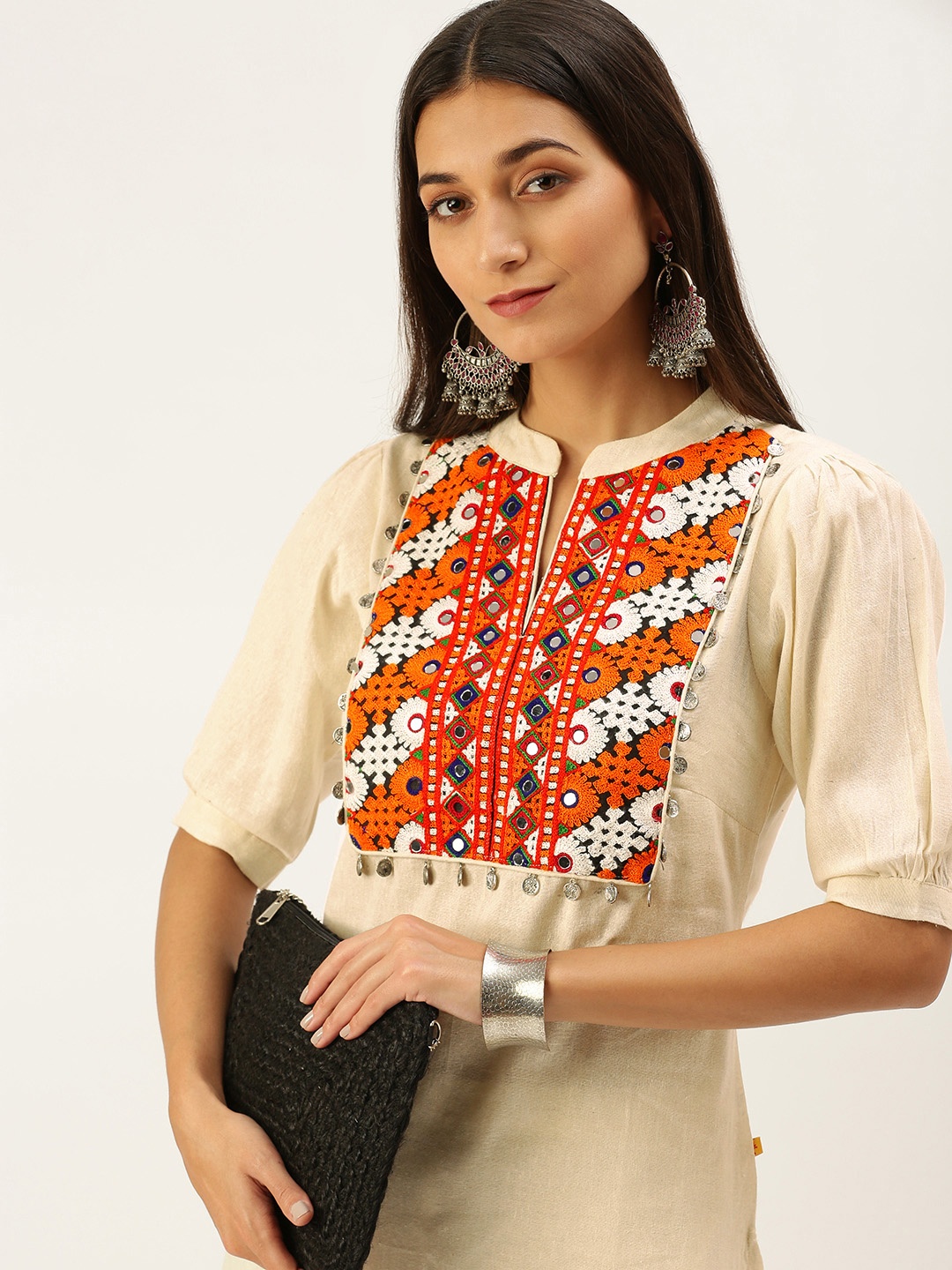 

Vedic Women Off White Ethnic Motifs Yoke Design Mirror Work Kurta with Palazzos