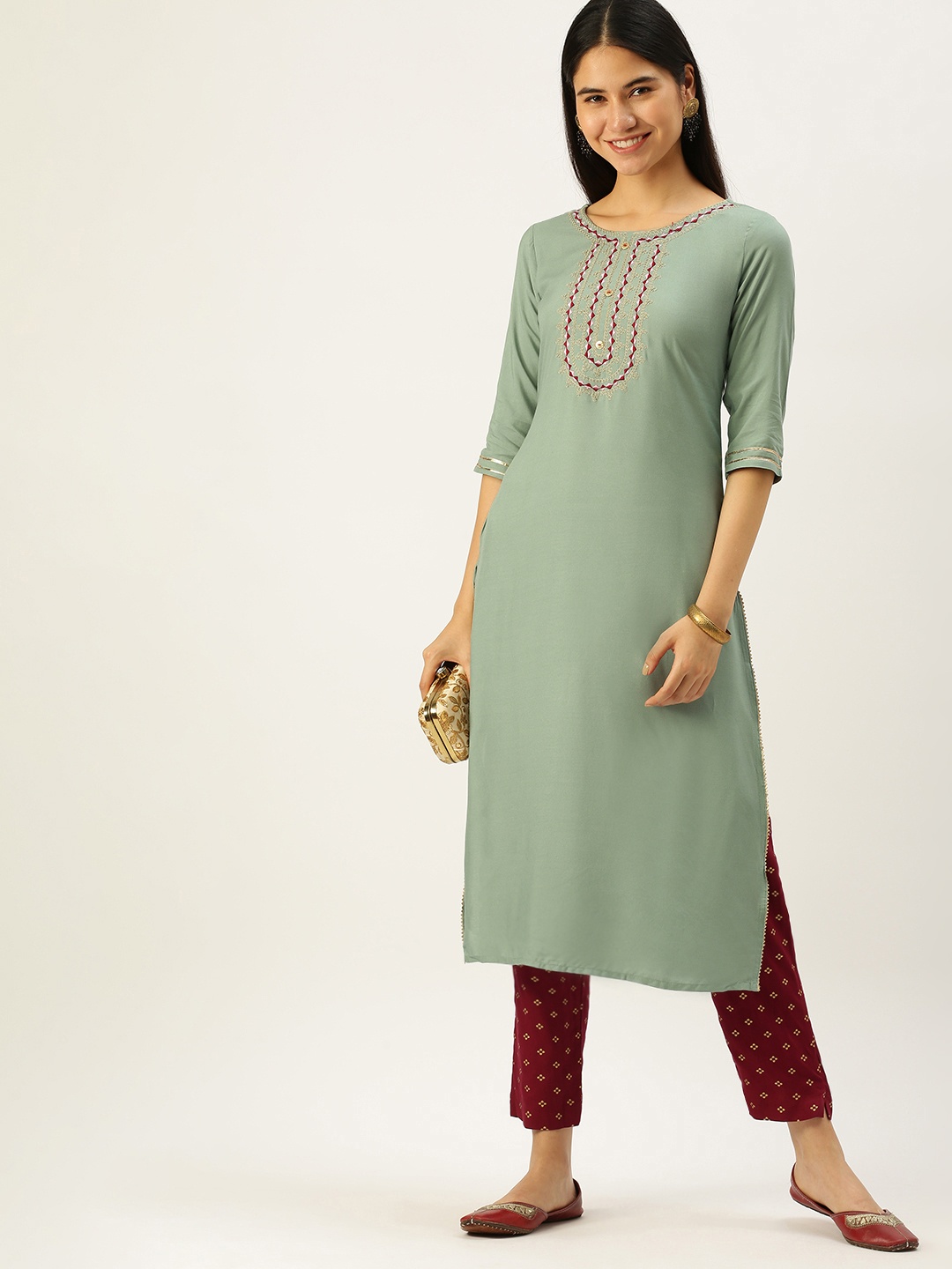 

Vedic Women Green Yoke Design Thread Work Kurta