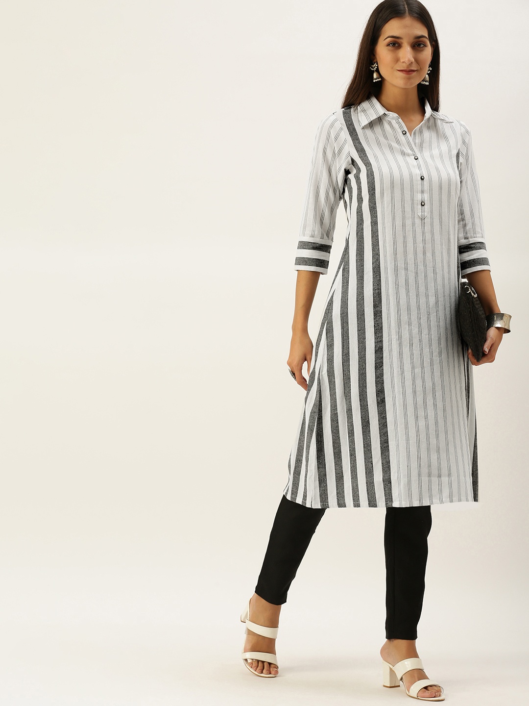 

Vedic Women White & Grey Striped Kurta