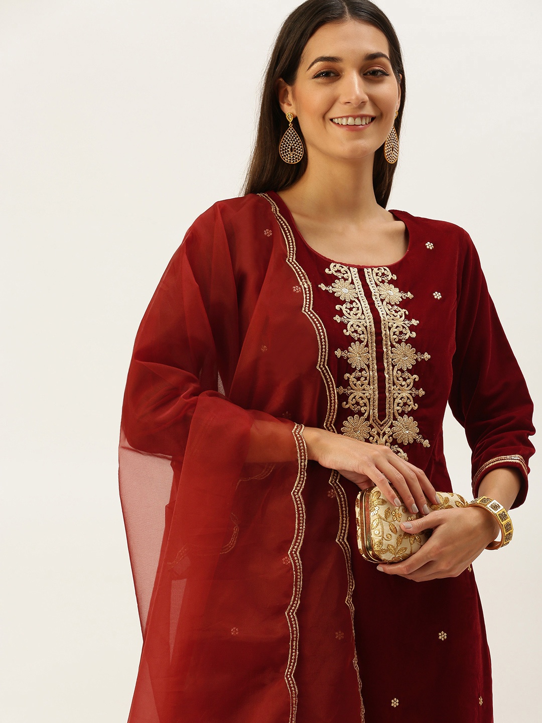 

Vedic Women Maroon Ethnic Motifs Embroidered Velvet Kurta with Trousers & Dupatta