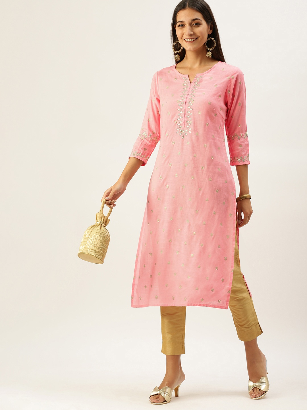 

Vedic Women Pink & Golden Ethnic Motifs Printed Gotta Patti Kurta