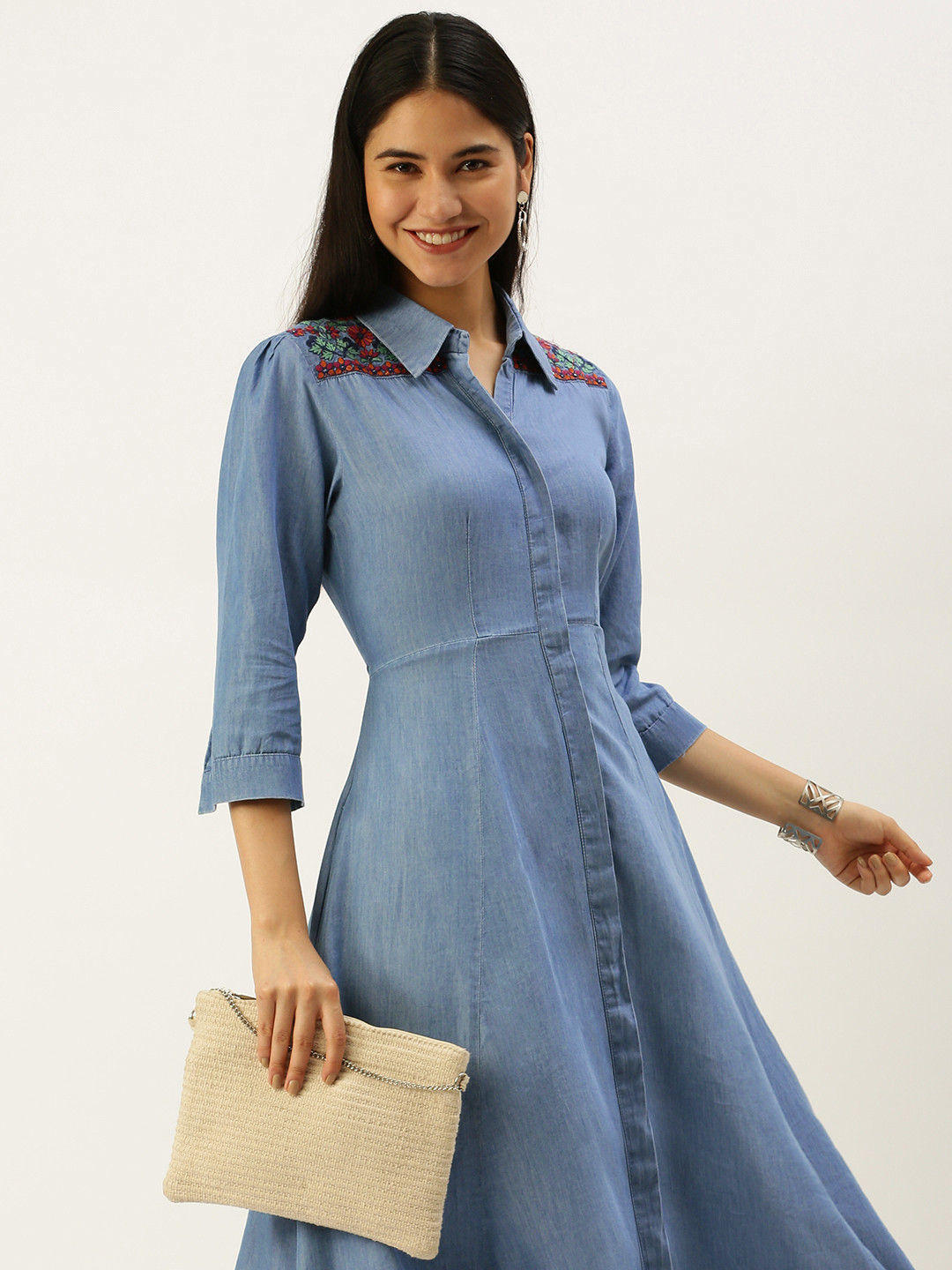 

Vedic Women Blue Floral Embroidered Floral Denim Kurta