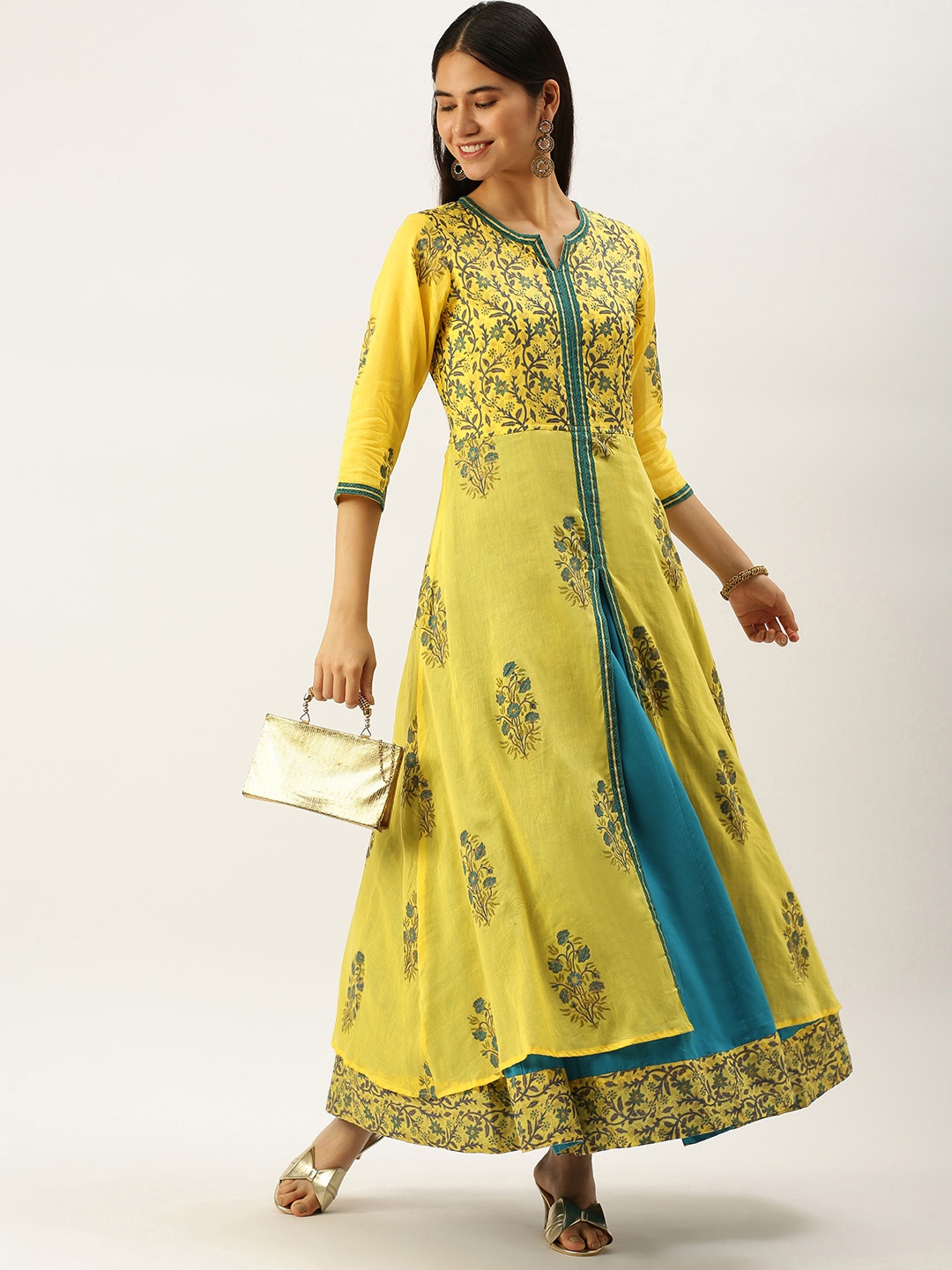 

Vedic Women Yellow & Turquoise Blue Floral Printed Floral Anarkali Kurta