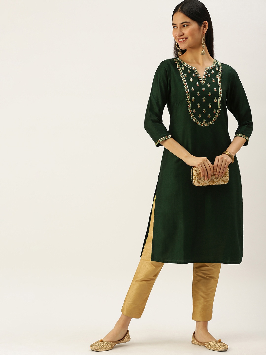 

Vedic Women Green & Golden Ethnic Motifs Yoke Design Kurta