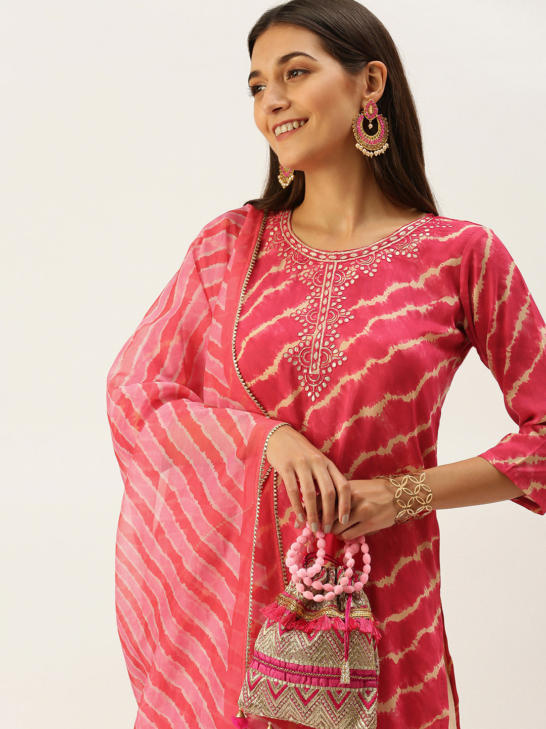 

Vedic Women Pink Striped Gotta Patti Pure Cotton Kurta with Trousers & Dupatta