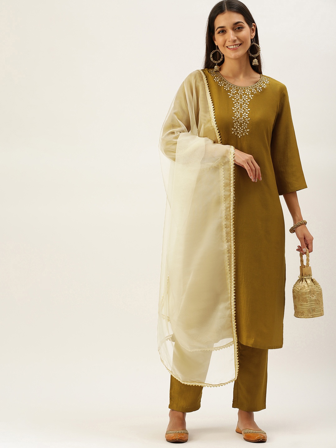 

Vedic Women Olive Green Yoke Design Gotta Patti Kurta with Trousers & Dupatta
