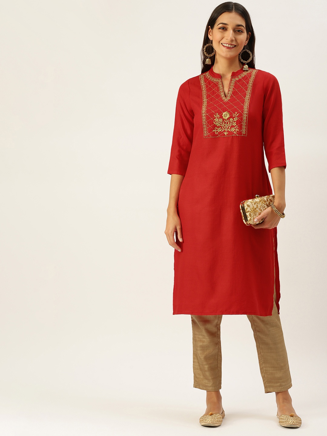 

Vedic Women Red Ethnic Motifs Yoke Design Kantha Work Kurta with Trousers