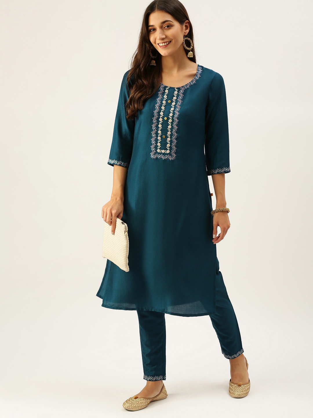 

Vedic Women Teal Ethnic Motifs Yoke Design Thread Work Kurta with Trousers