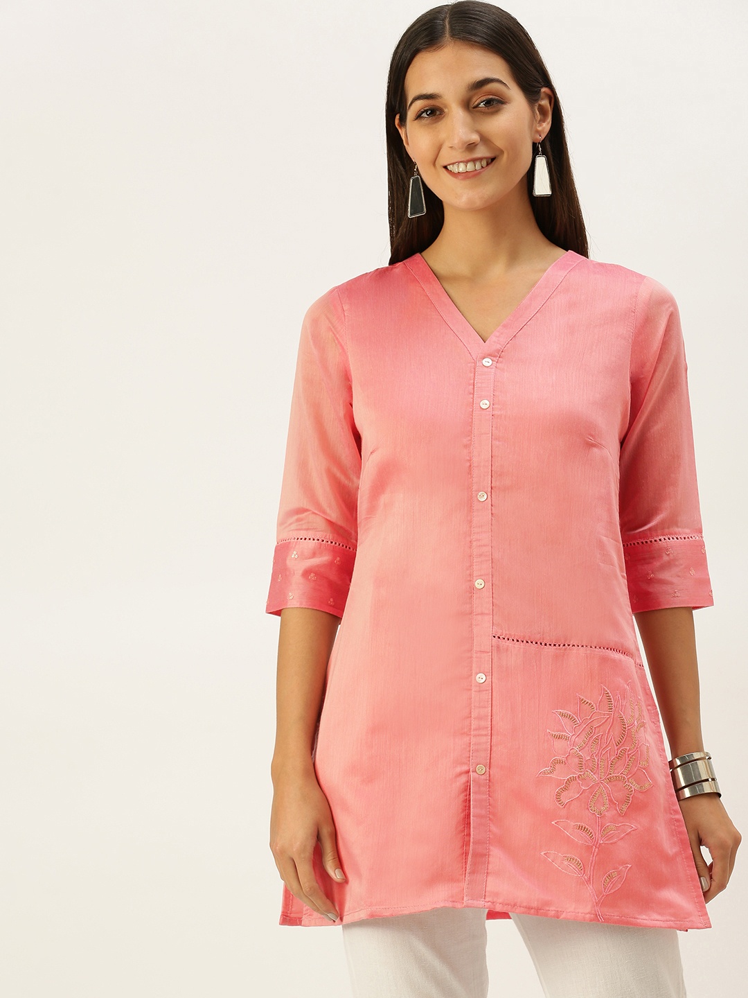 

Vedic Women Peach-Coloured V Neck Sequin Detail Chanderi Cotton Kurta