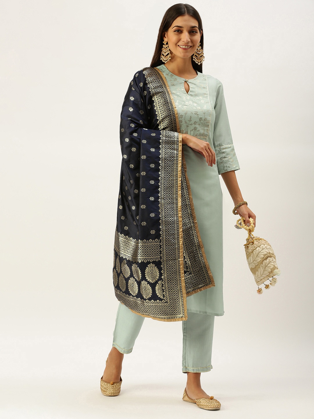 

Vedic Women Sage Green Ethnic Motifs Yoke Design Gotta Patti Kurta with Trousers & Dupatta