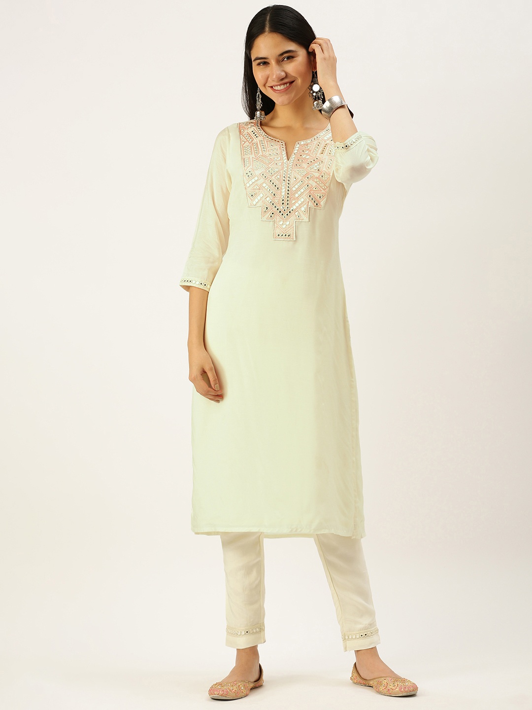 

Vedic Women Green Yoke Design Mirror Work Kurta