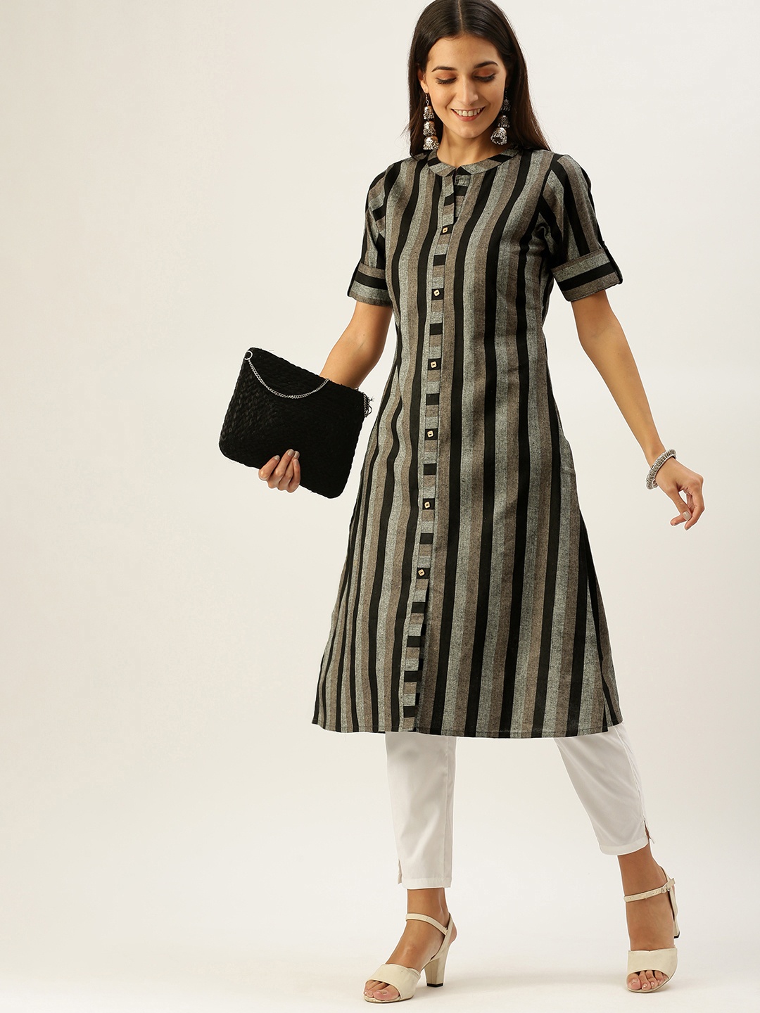 

Vedic Women Black & Grey Striped Pure Cotton Kurta