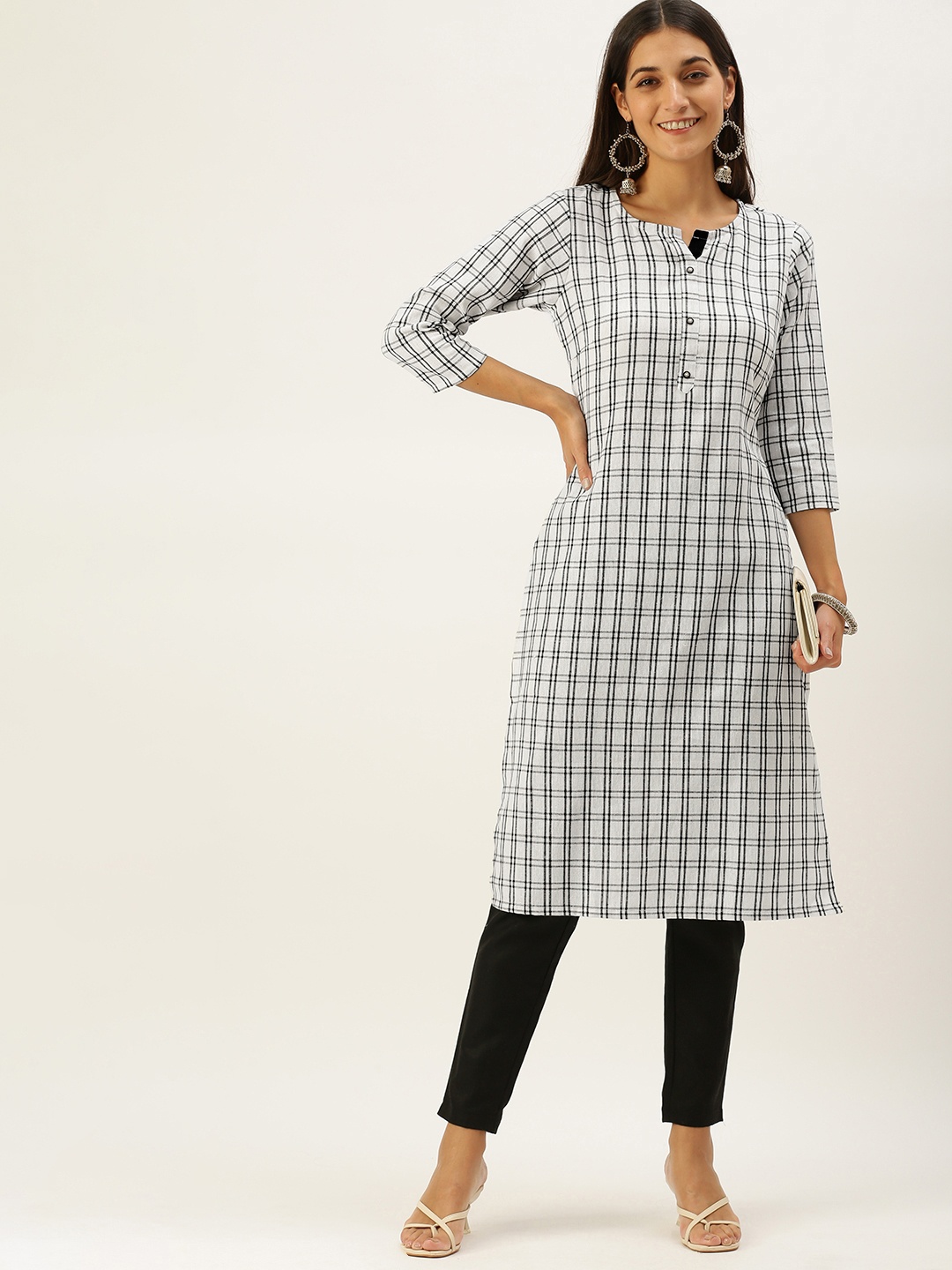 

Vedic Women White & White Checked Pure Cotton Kurta