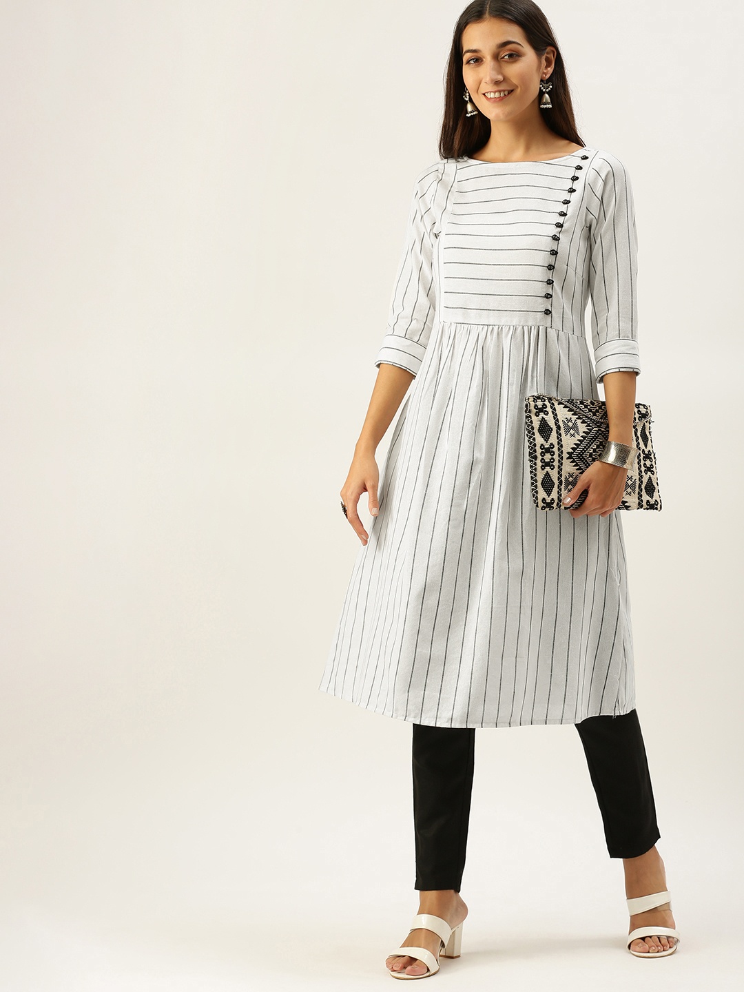 

Vedic Women White & Black Striped Kurta
