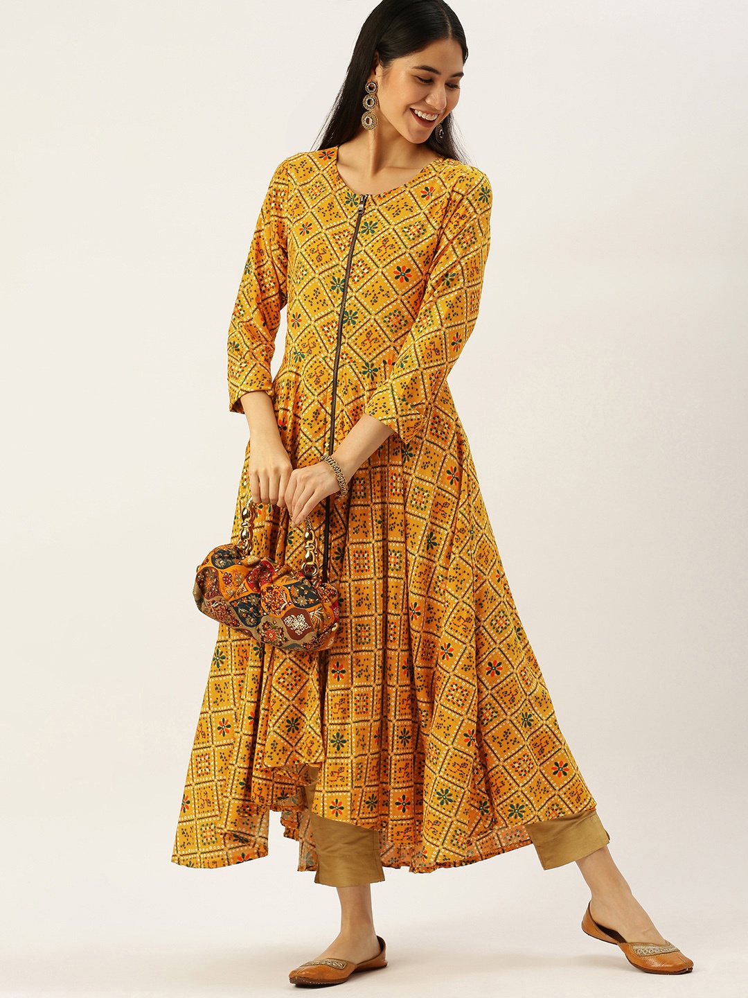 

Vedic Women Yellow Bandhani Printed Anarkali Kurta