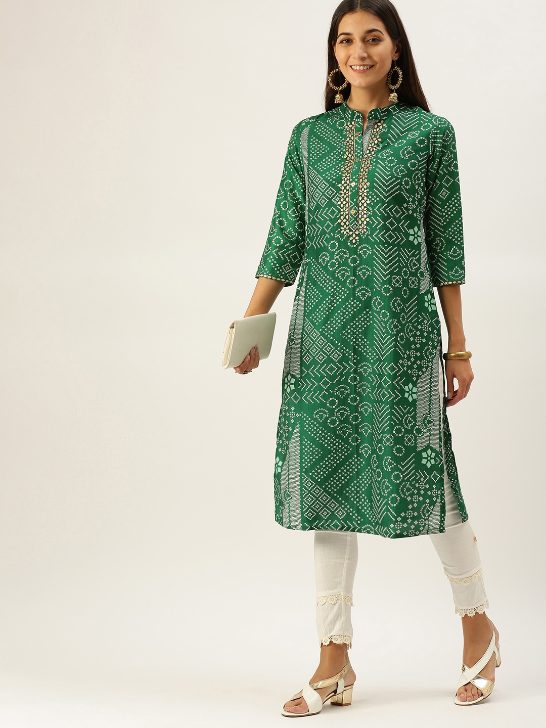 

Vedic Women Green & White Bandhani Printed Gotta Patti Kurta