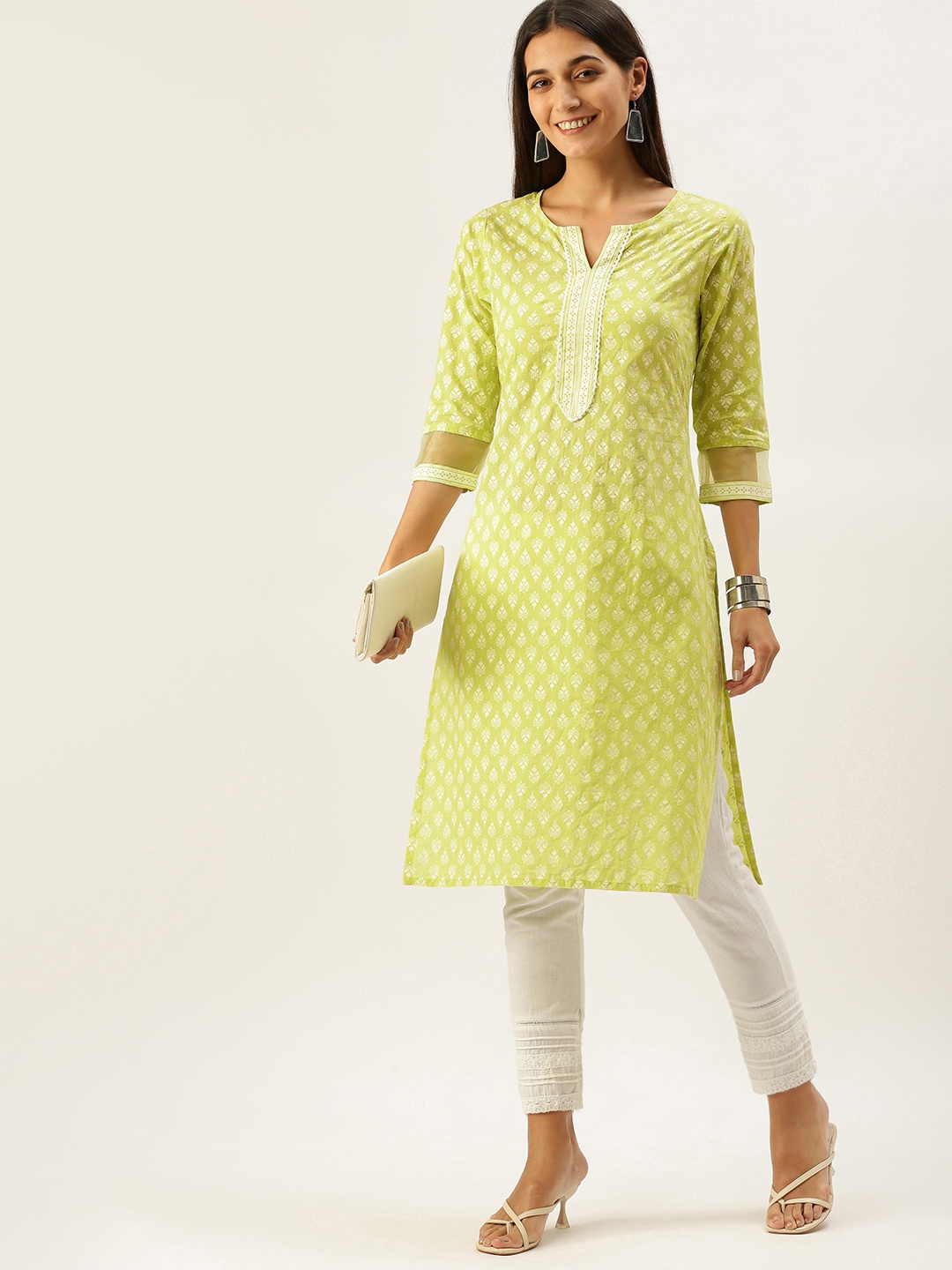 

Vedic Women Lime Green & White Ethnic Motifs Kurta