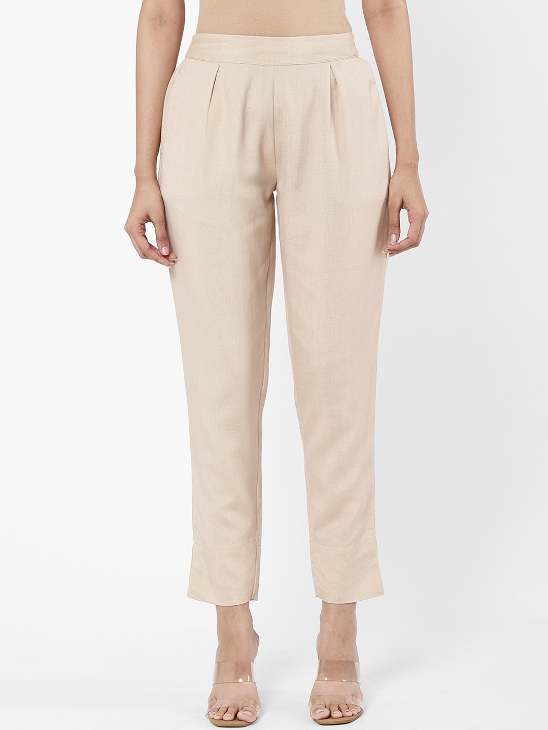 

R&B Women Beige Relaxed Tapered Fit Pleated Trousers