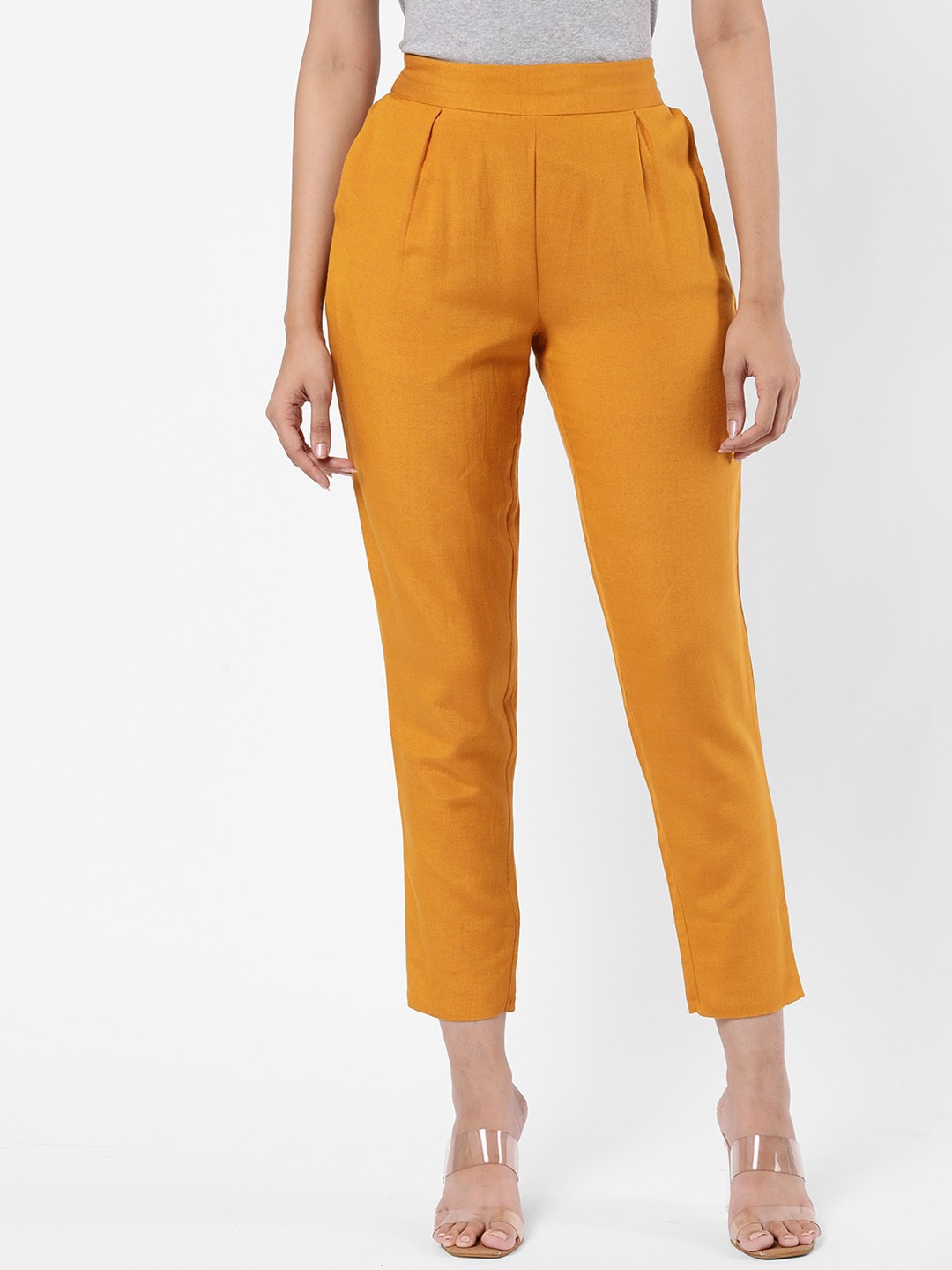 

R&B Women Yellow Relaxed Tapered Fit Pleated Trousers