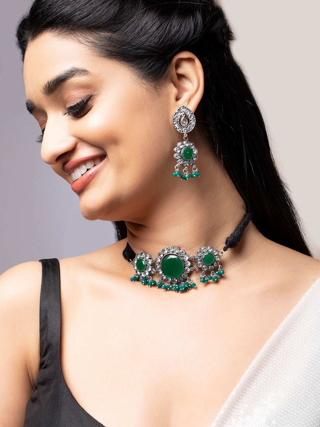 

Rubans Silver-Plated Green & White Stone Studded Choker Jewellery Set