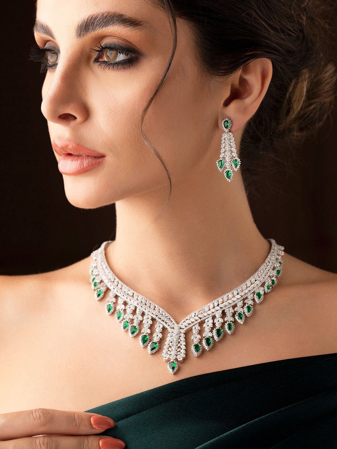 

Rubans Silver-Plated Green AD Studded Jewellery Set