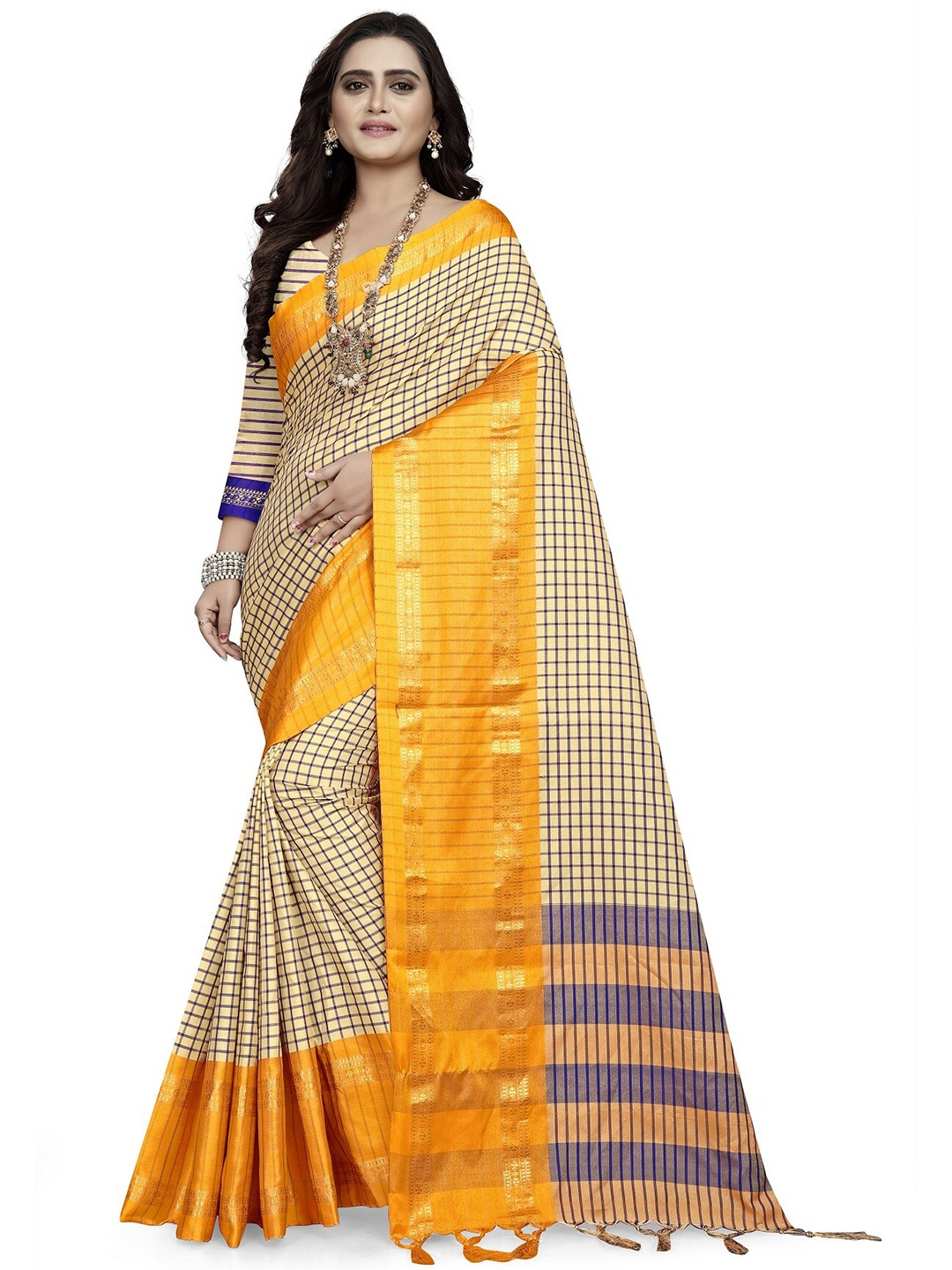 

KALINI Yellow & Black Checked Silk Cotton Maheshwari Saree