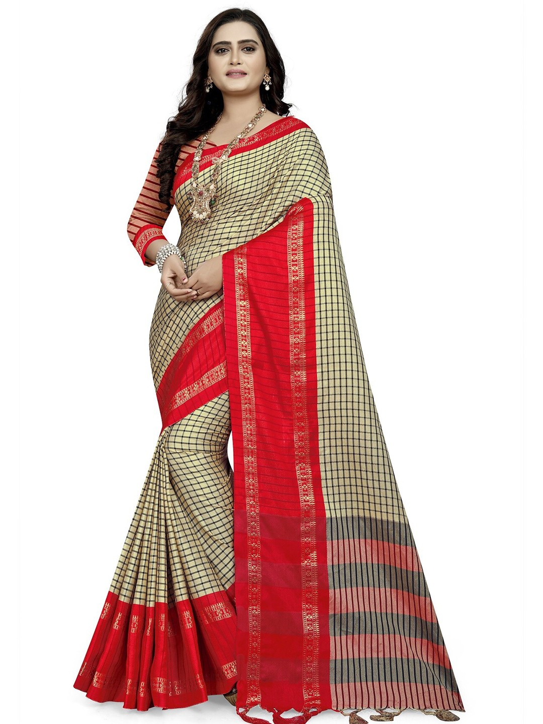 

KALINI Red & Green Checked Silk Cotton Maheshwari Saree