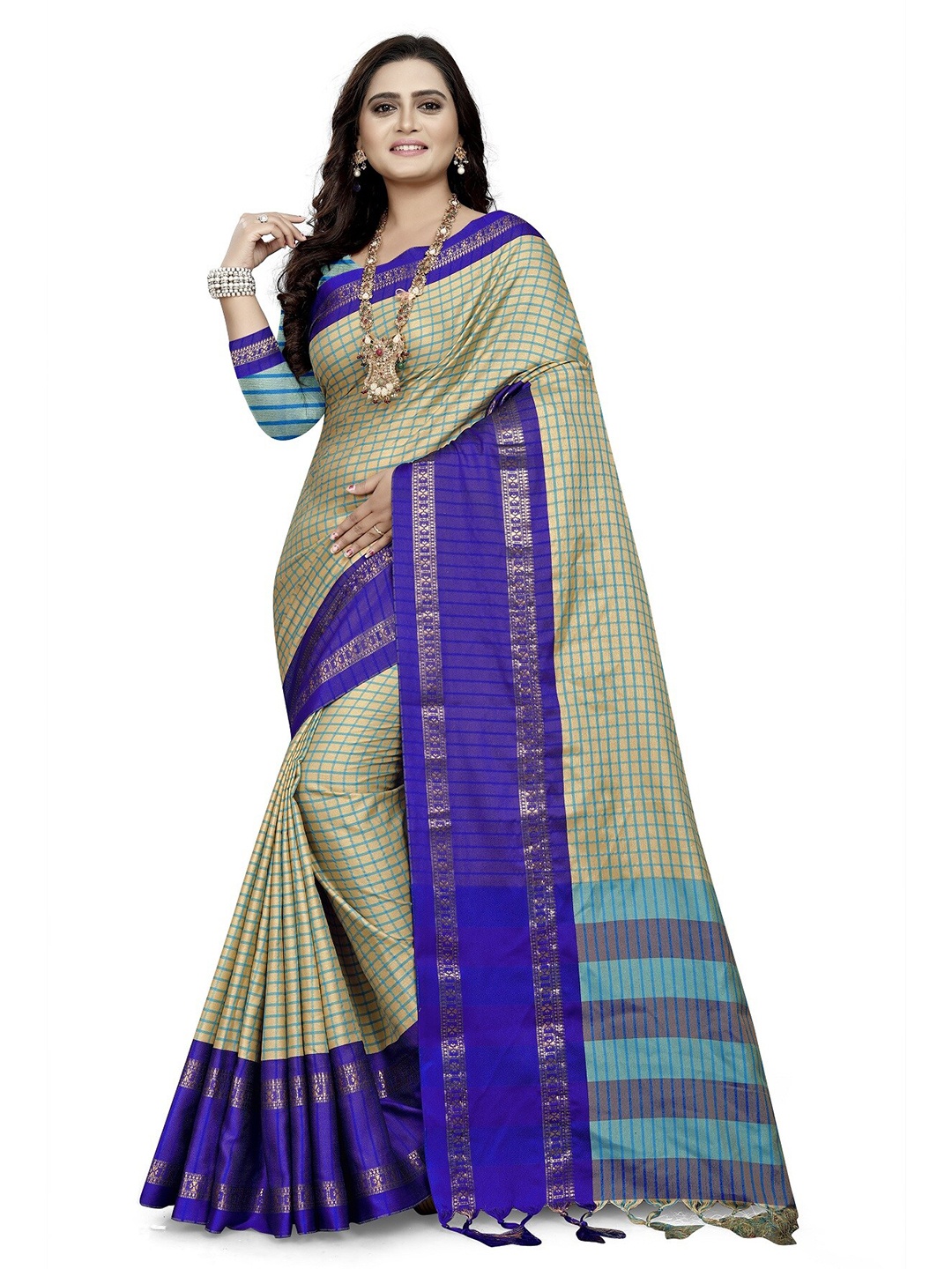 

KALINI Blue & Beige Checked Silk Cotton Maheshwari Saree