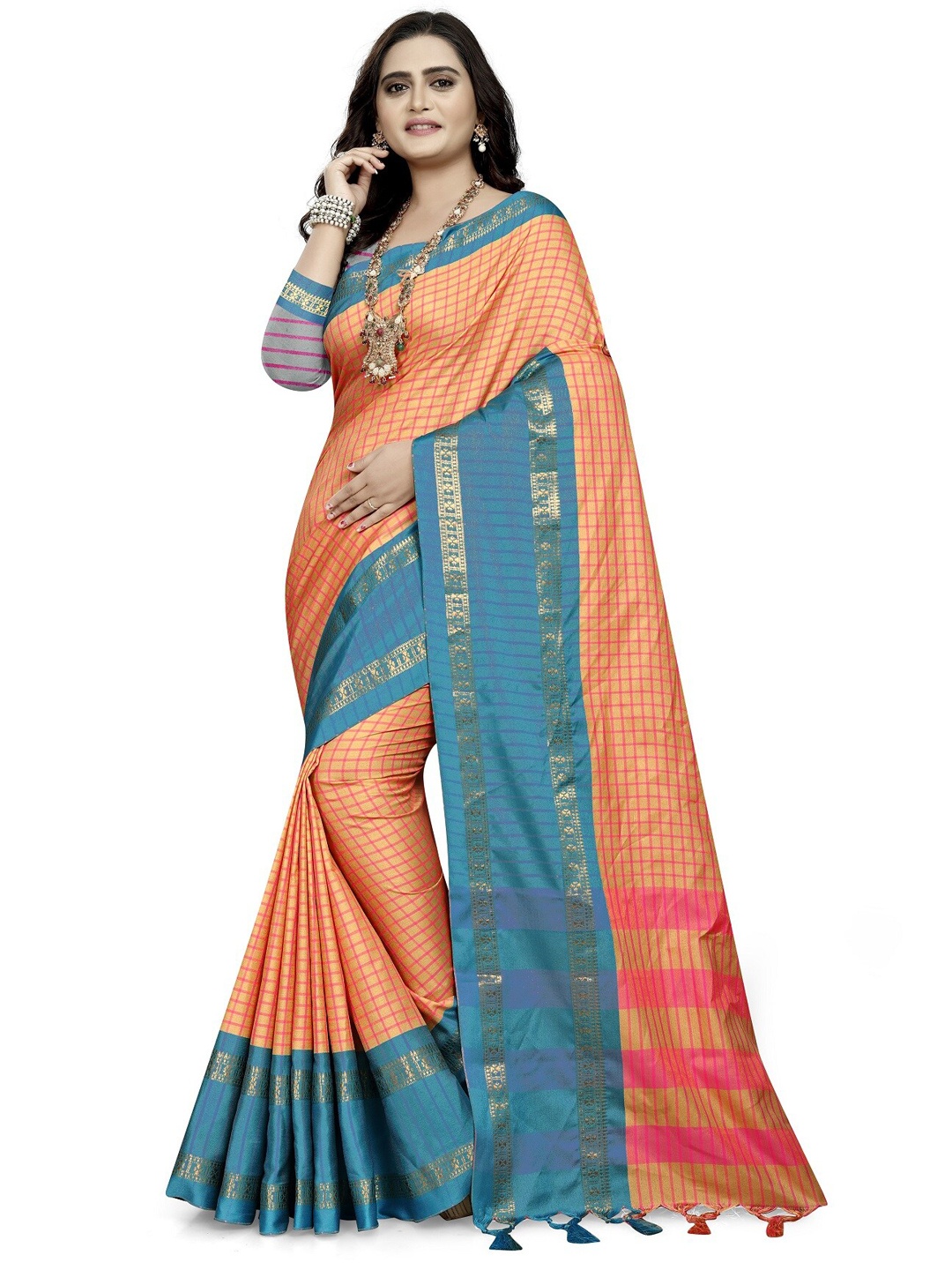 

KALINI Turquoise Blue & Gold-Toned Checked Silk Cotton Maheshwari Saree