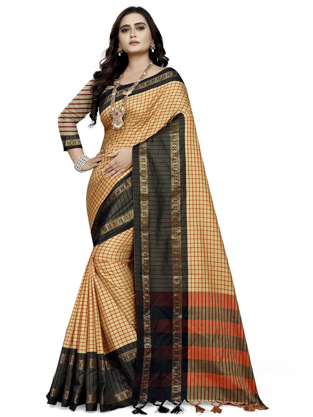 

KALINI Black & Beige Checked Silk Cotton Maheshwari Saree