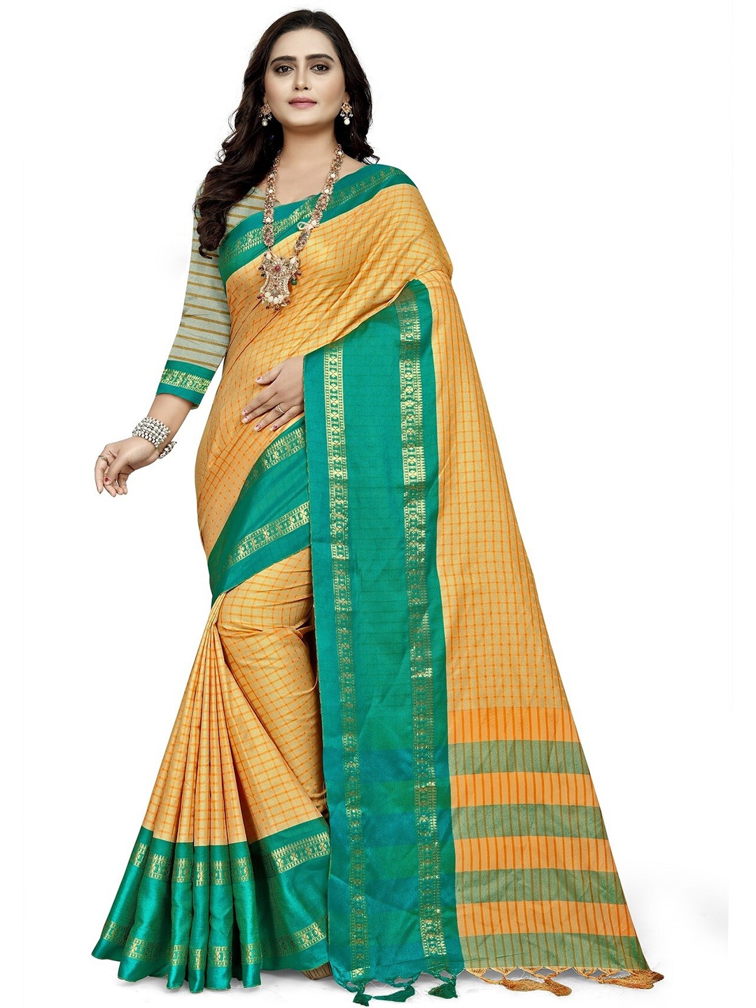 

KALINI Green & Yellow Checked Silk Cotton Maheshwari Saree