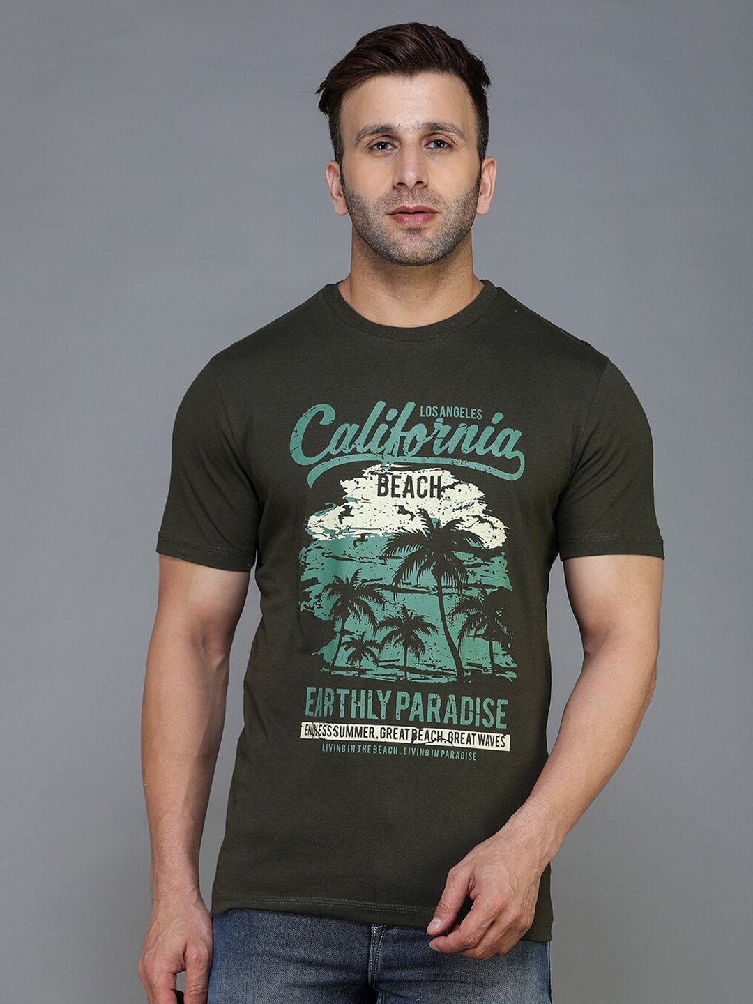 

TQS Men Olive Green & dark charcoal Typography Printed Applique T-shirt