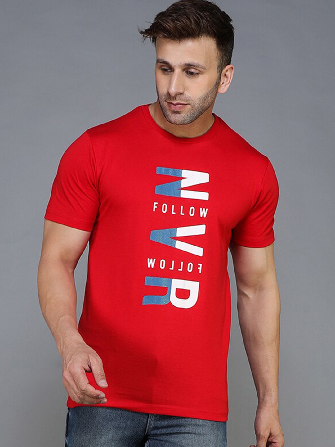 

TQS Men Red & lava Typography Printed Applique T-shirt