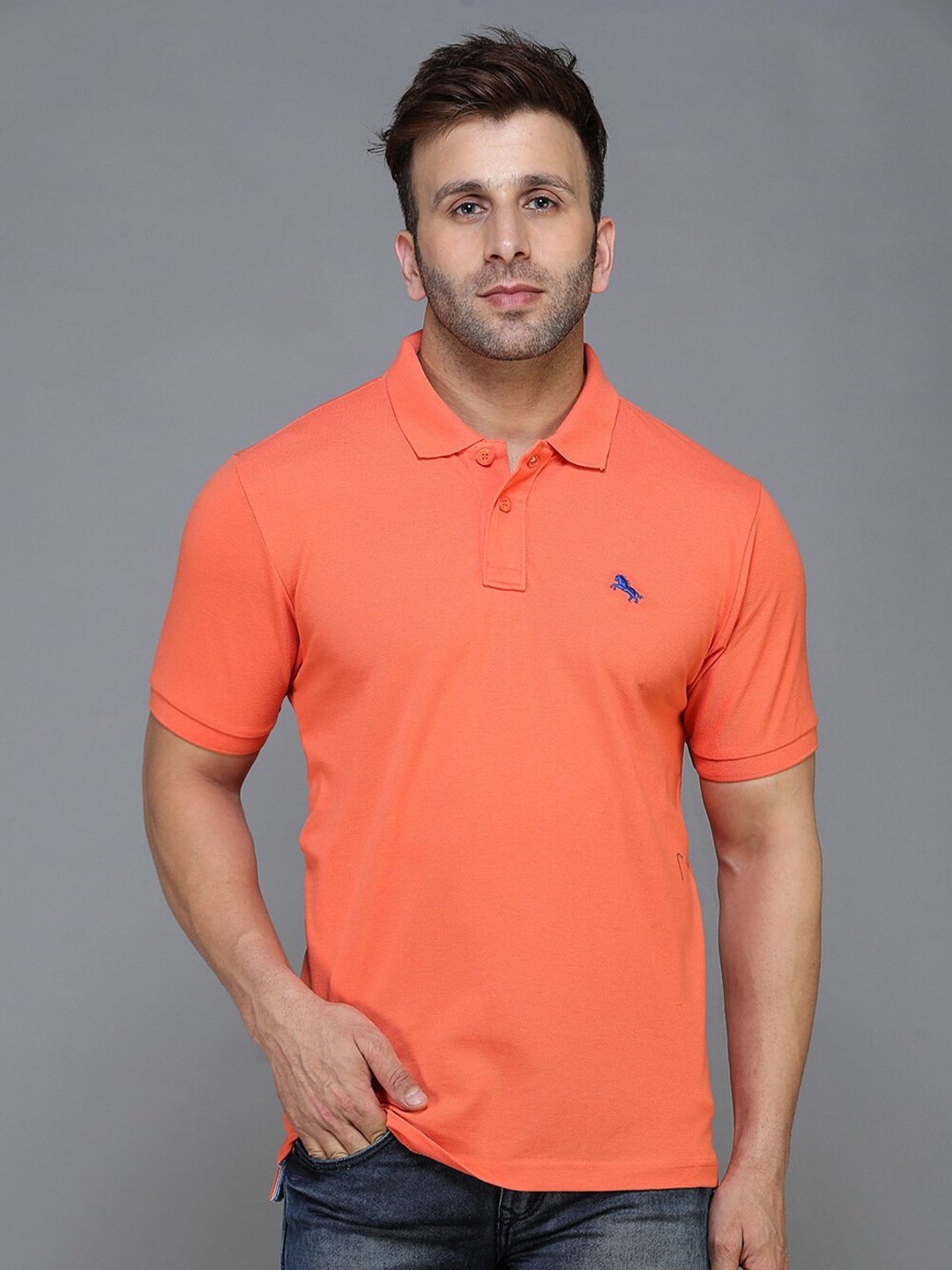 

TQS Men Orange Polo Collar Applique T-shirt