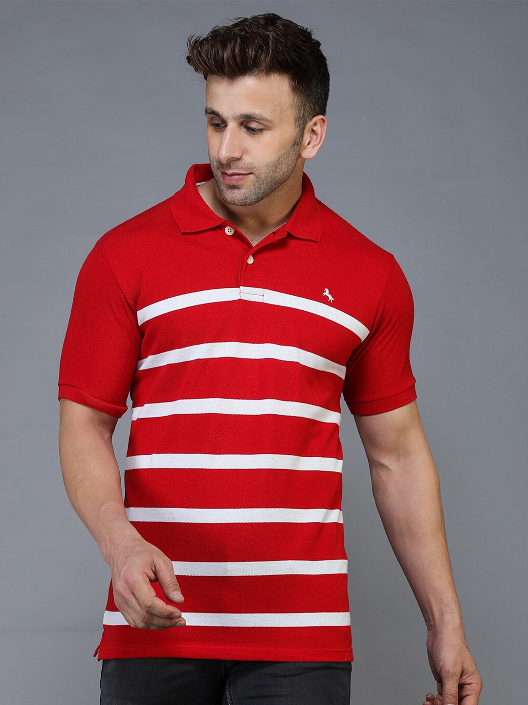 

TQS Men Pink & chinese red Striped Polo Collar T-shirt