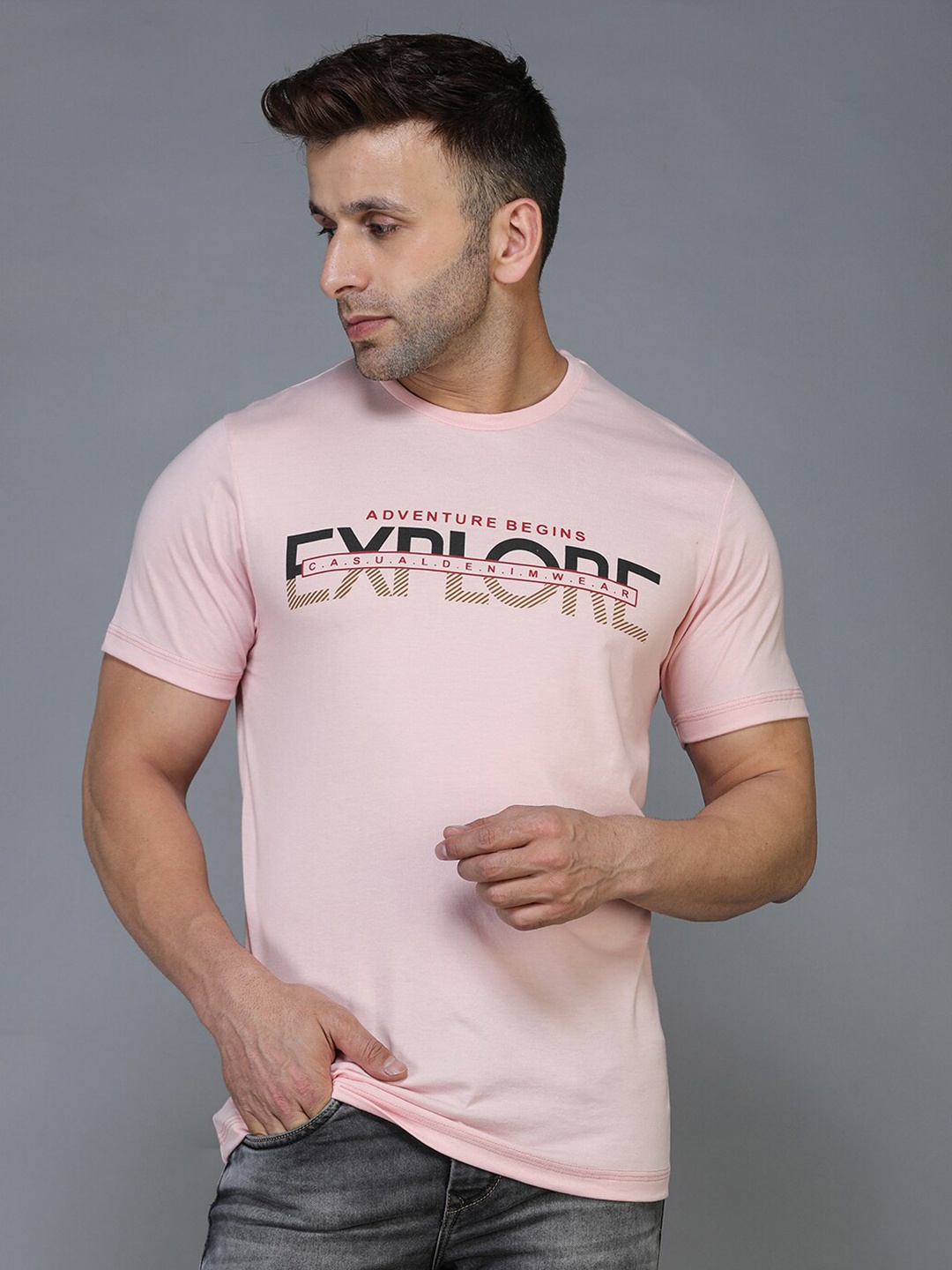 

TQS Men Pink & lotus Typography Printed Raw Edge T-shirt