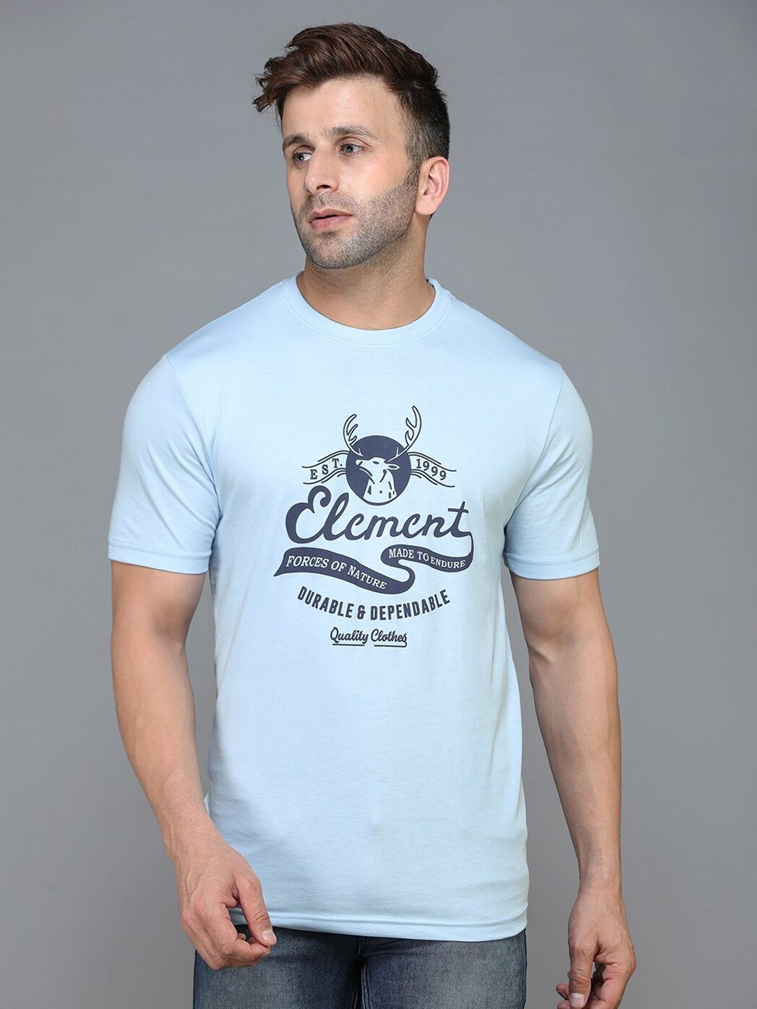 

TQS Men Blue Printed Applique T-shirt