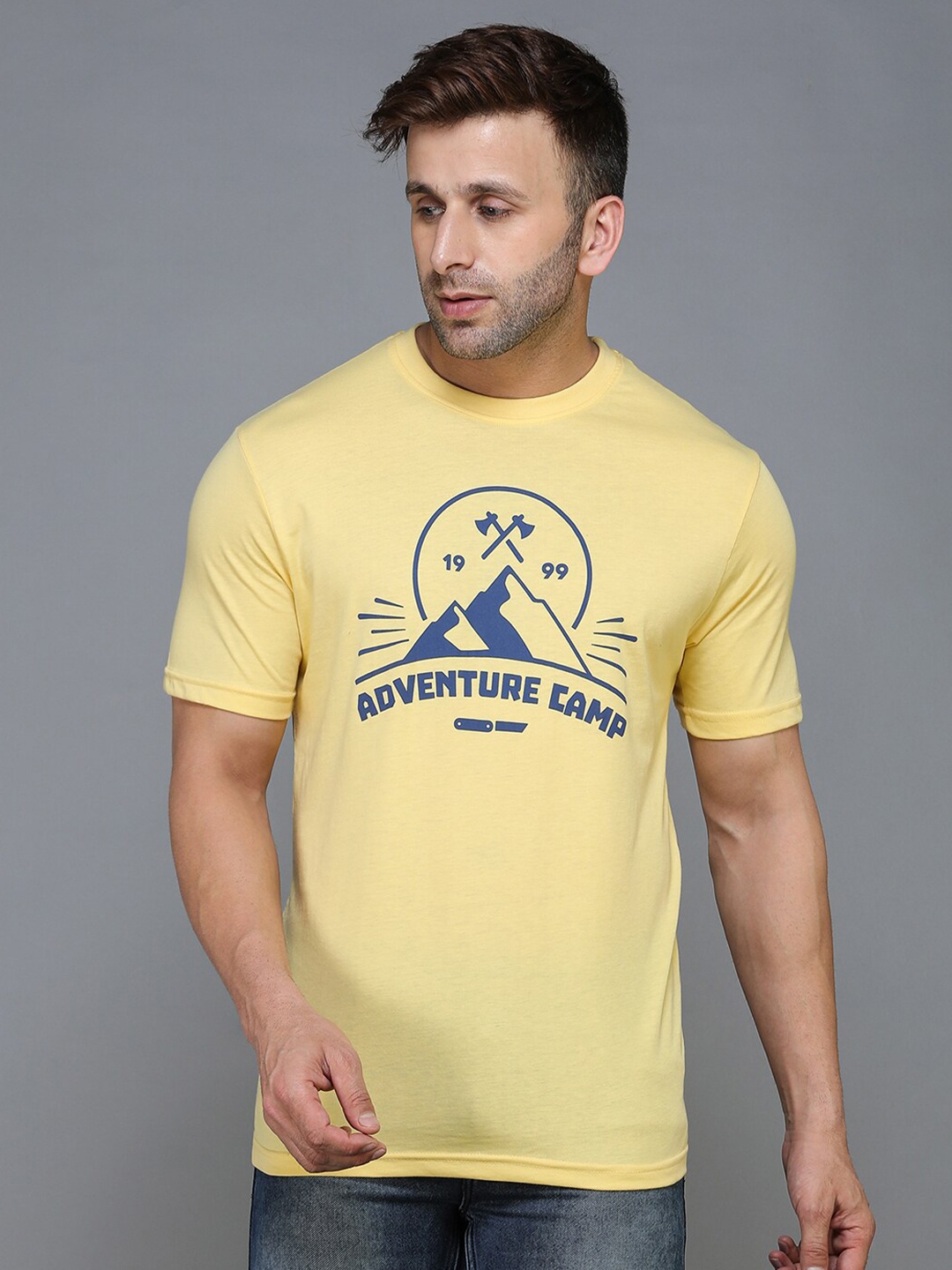 

TQS Men Yellow & double cream Typography Printed Raw Edge T-shirt