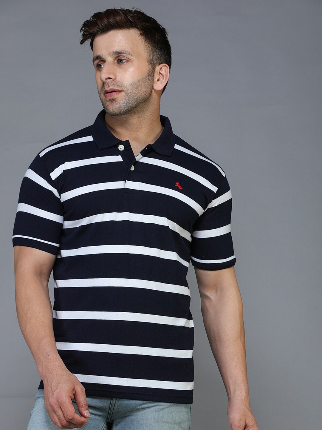

TQS Men Navy Blue & french middle red purple Striped Polo Collar T-shirt