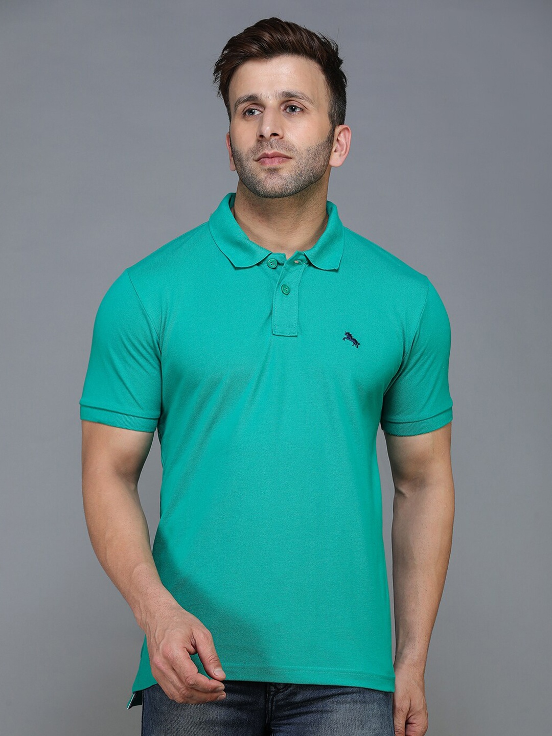 

TQS Men Sea Green & turquoise surf Polo Collar Applique T-shirt