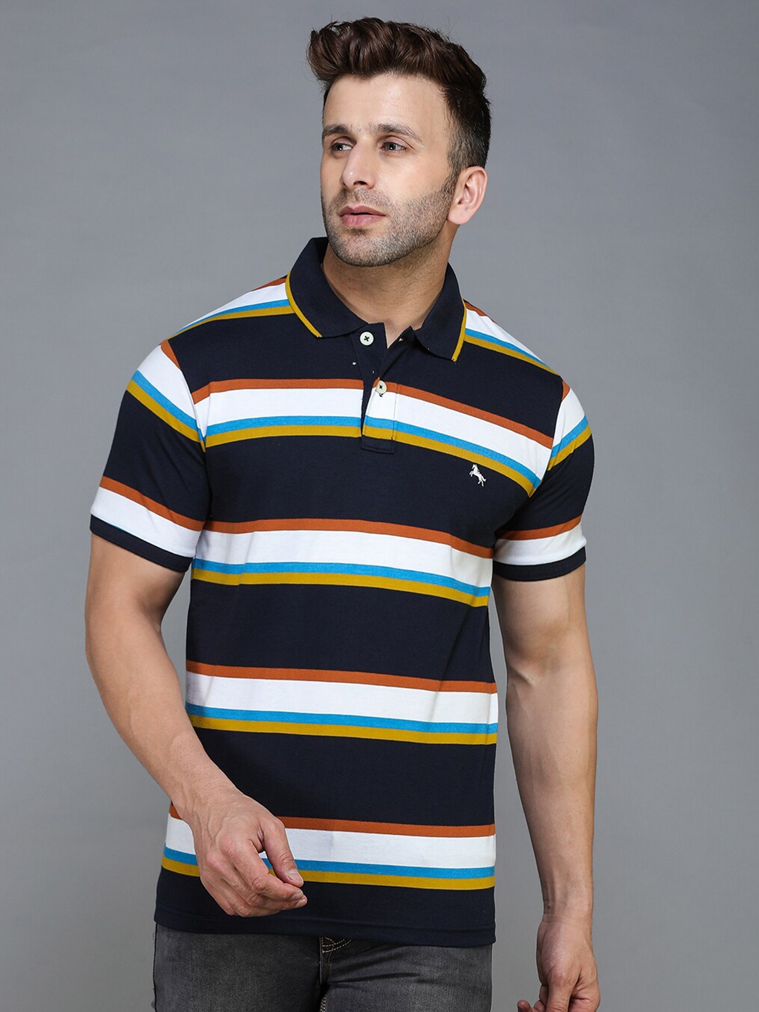 

TQS Men Multicoloured & french middle red purple Striped Polo Collar T-shirt, Multi