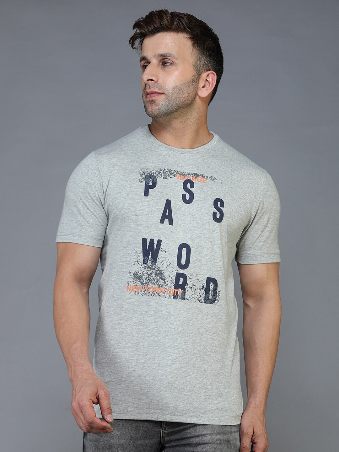 

TQS Men Grey & sky gray Typography Printed Raw Edge T-shirt