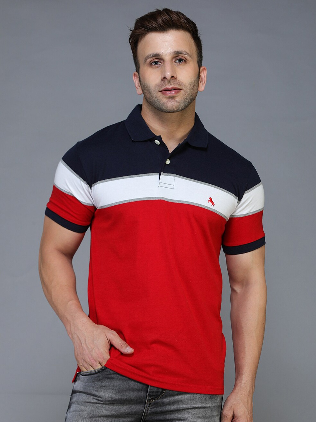 

TQS Men Red & carnelian Striped Polo Collar Applique T-shirt