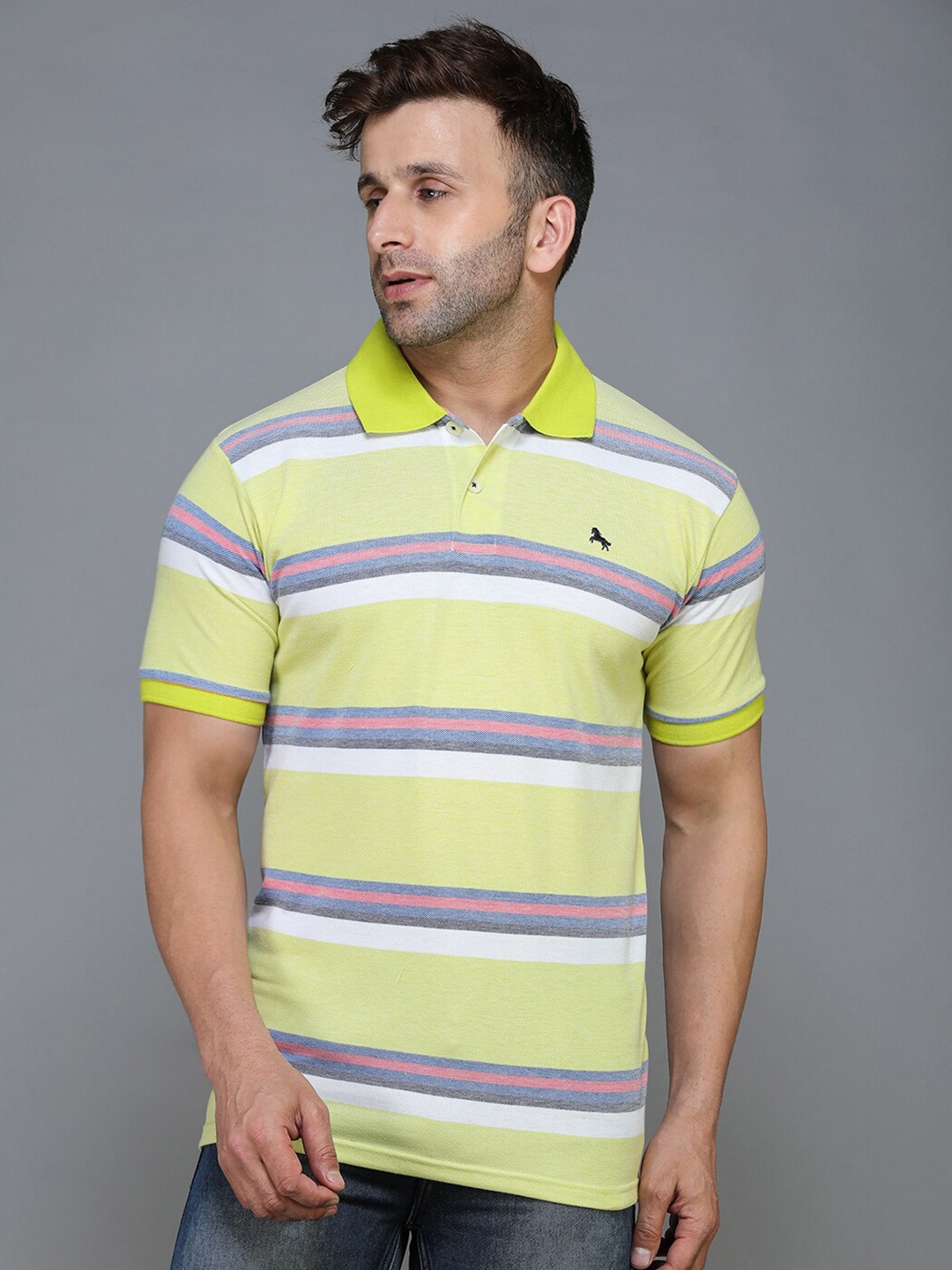 

TQS Men Yellow Striped Polo Collar T-shirt