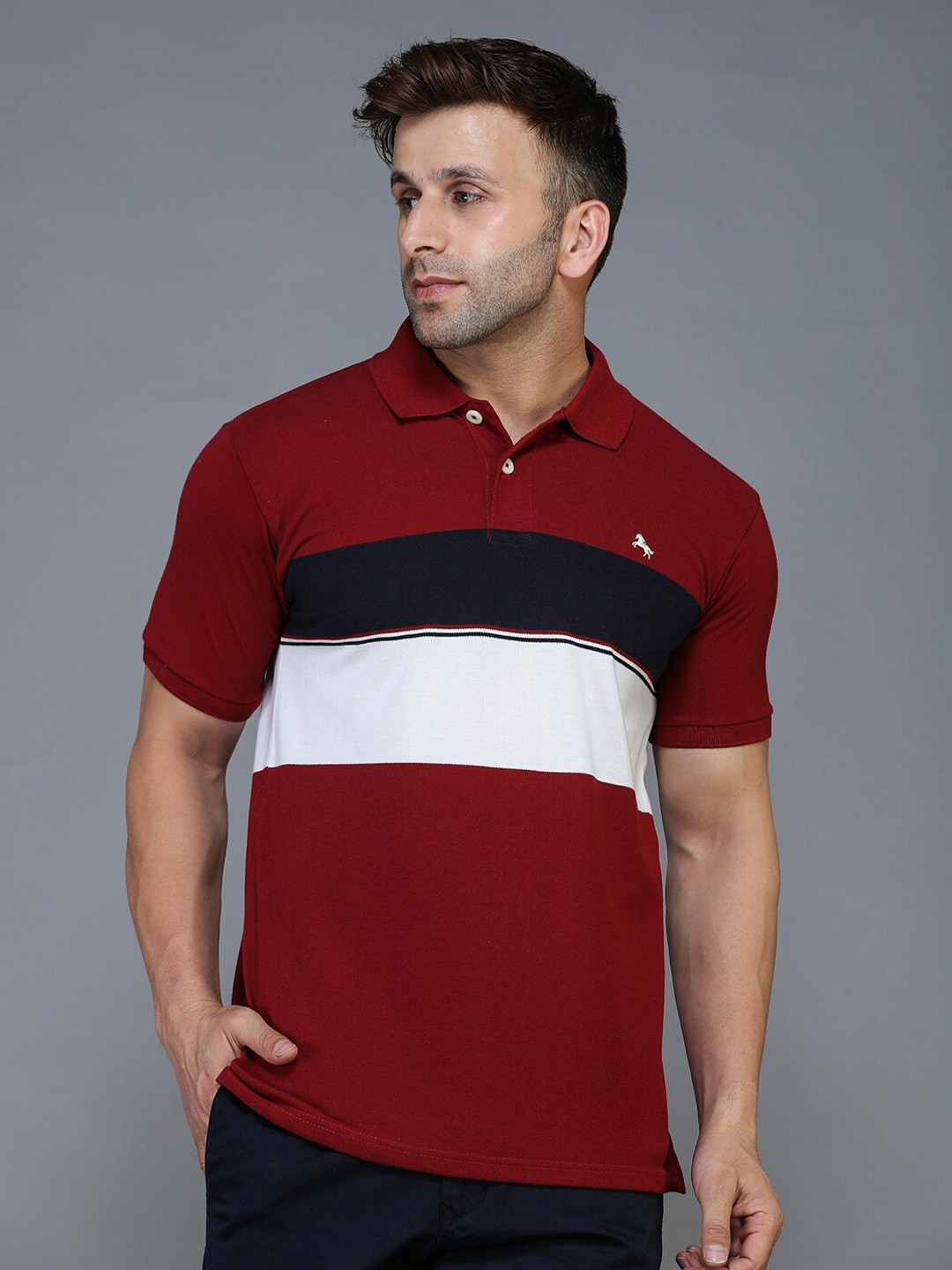 

TQS Men Red & persian plum Colourblocked Polo Collar Applique T-shirt