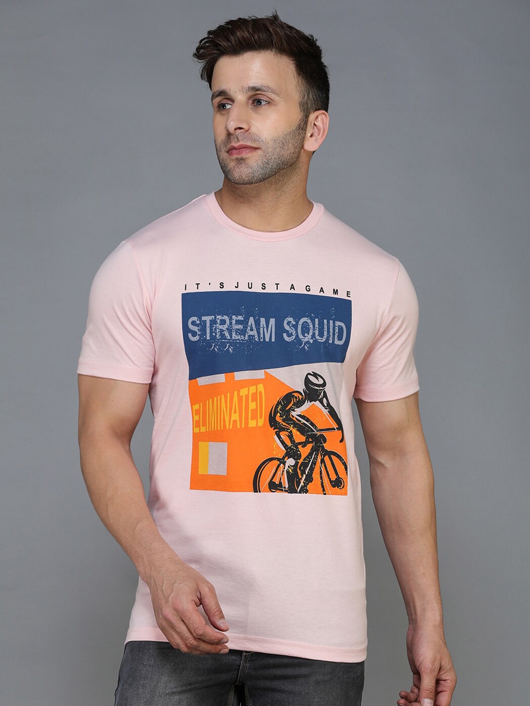 

TQS Men Pink Printed Applique T-shirt